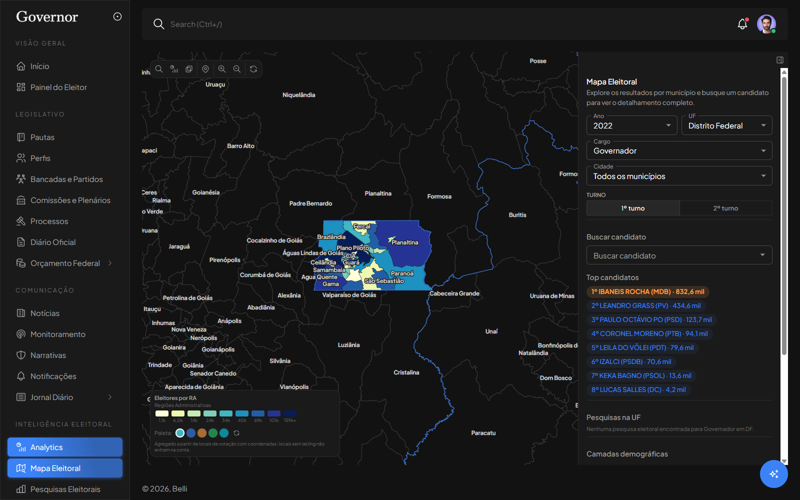 Mapa eleitoral no Governor: resultados por município e camadas demográficas